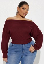 Fashion Nova Off-the-Shoulder Ribbed Sweater in Burgundy