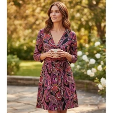 Trina Turk Women Dress M Black Colorful Paisley Faux Wrap Classic Retro 90s Y2K