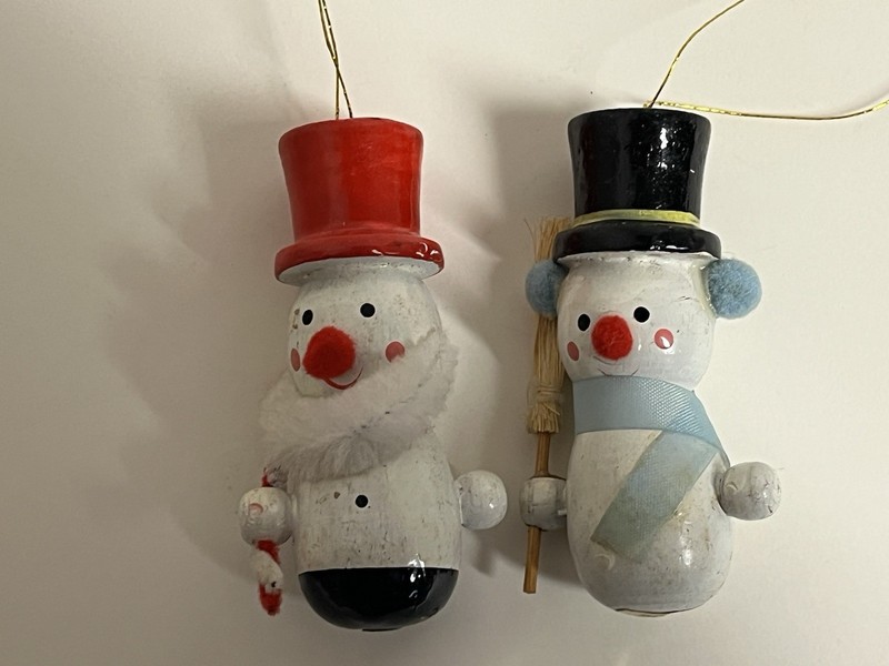 Wooden Snowmen Christmas Ornaments. Handmade Holding Broom & Candy-cane. 3” Tall