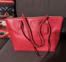 Coach Red Zip Top Tote Pebbled Leather C7946