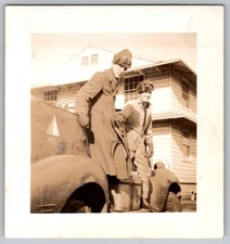 Vtg B W Snapshot Two Soldiers in Winter Gear By Military Truck Barracks 1940s