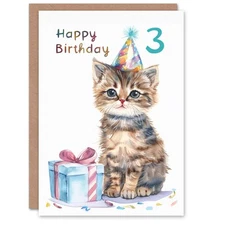 3rd Birthday Card Cute Baby Cat Kitten Party Hat Kids Age 3 Year Old Child