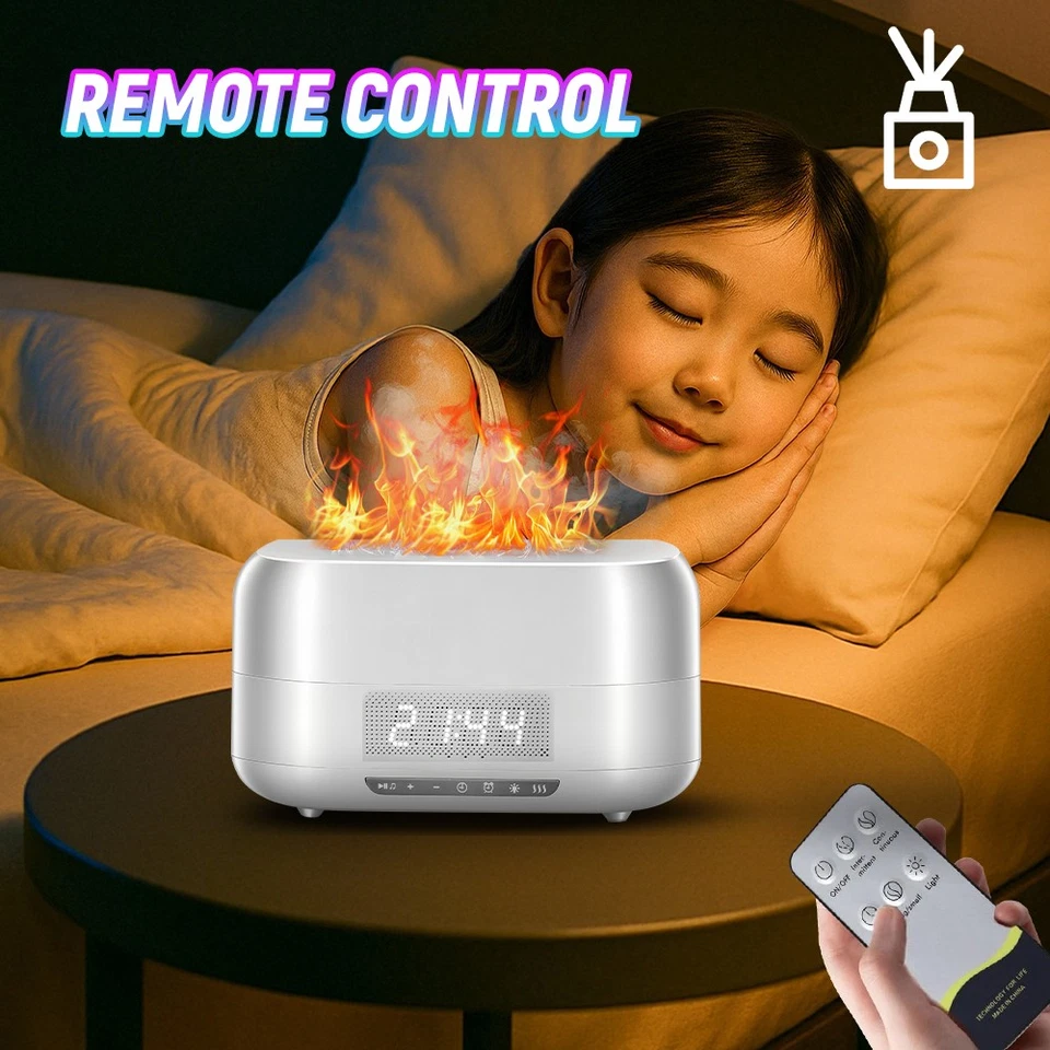 400ml Aroma Diffuser Humidifier Bluetooth Speaker Clock Alarm 7Color Light Flame - Image 3 of 4