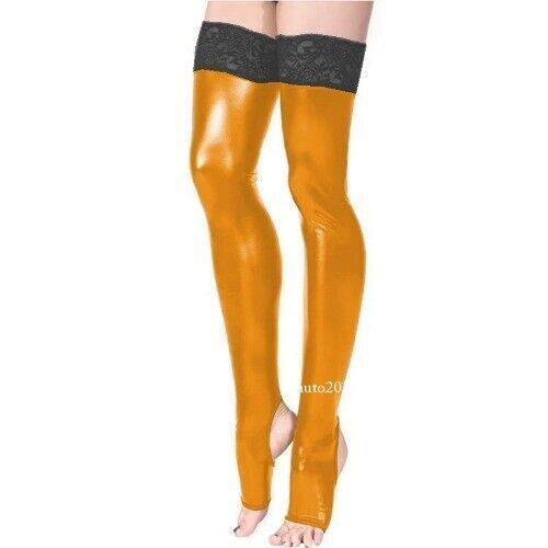 Women Sexy Shiny Knee Thigh High Stocks Lace Socks Patchwork Metallic Stockings - Picture 6 of 40