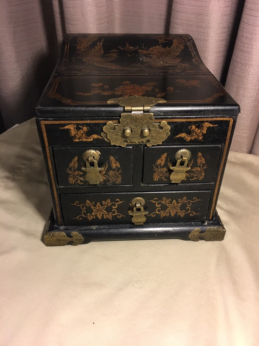 Antique/Vintage Black With Gold Images Chinese Jewelry Box With Mirror