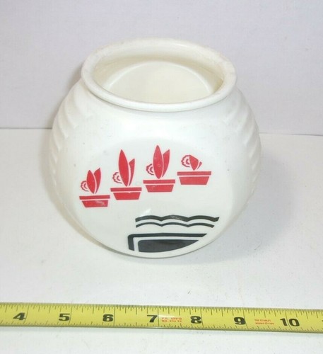 Vintage Fire King Vitrock Range Grease Jar Canister “Red Flower Pot” Art Deco - Picture 3 of 9