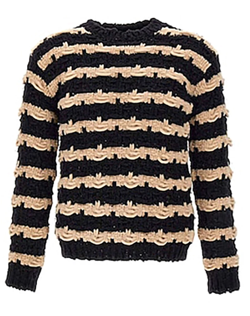 ATOMFACTORY crew neck jersey chenille horizontal knots stripes black beige AFU55
