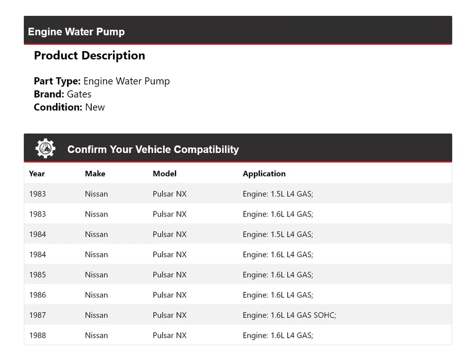 For 1983-1988 Nissan Pulsar NX Engine Water Pump Gates 1984 1985 1986 1987 - Image 2 of 4