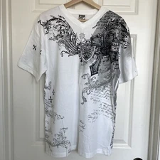 ODM Men T-Shirt Large Cross Faith Graphic Vintage V-neck Summer Shirt L W46xL28