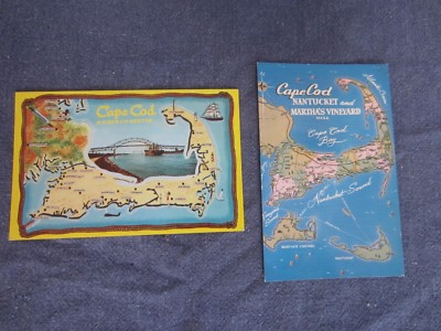 2 Postcards, 1950's Cape Cod Massachusetts Map & Nantucket and Martha's Vineyard