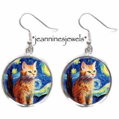 Orange Marmalade Cat Earrings Impressionist Starry Night Art Print