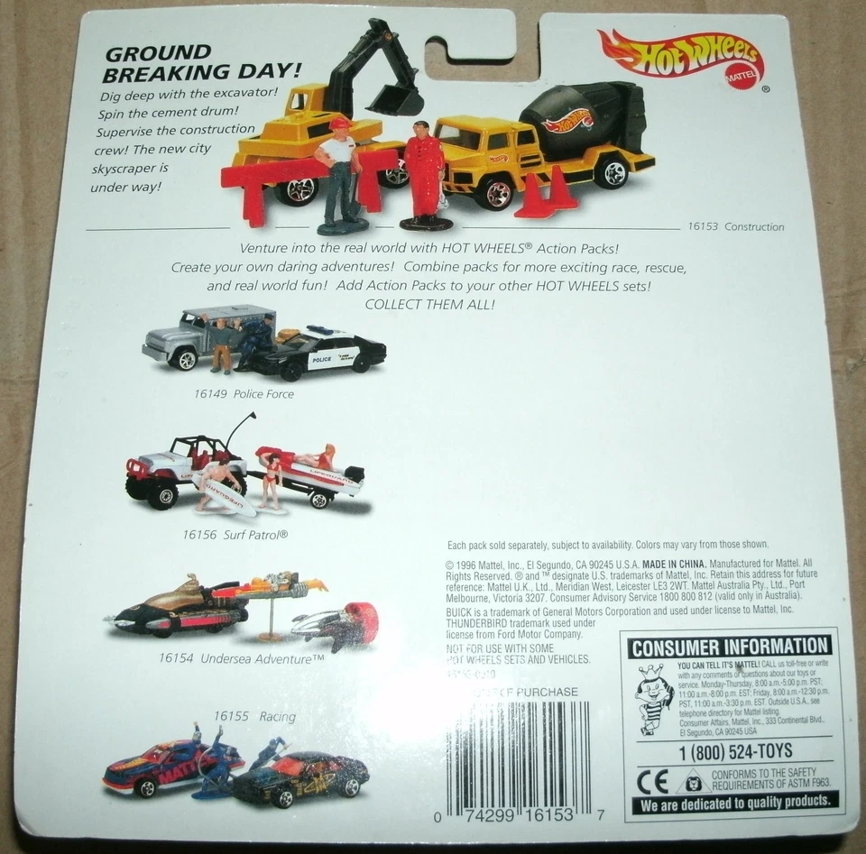 Paquete de acción Hot Wheels 1996 escala 1/64 conjunto de equipo de construcción Mattel 16153 Foto 3 de 3
