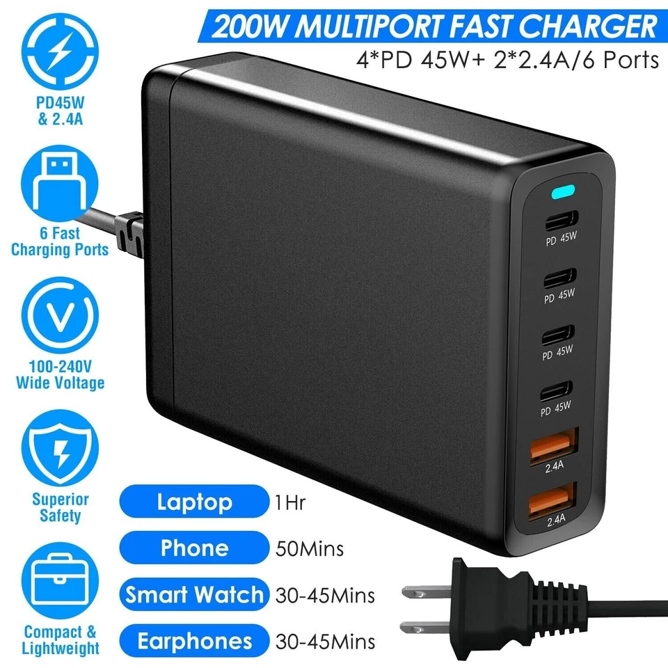 200W USB C Charger, 6-Port Universal Usb-c, Christmas Sale! Free 2 Day shipping! - Image 2 of 4