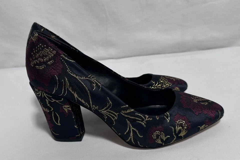 Antonio Melani Tacones 8M Zapatos de salón Cuero Floral Tacón Bloque Azul Marino Rojo Dorado Nuevos Foto 3 de 4