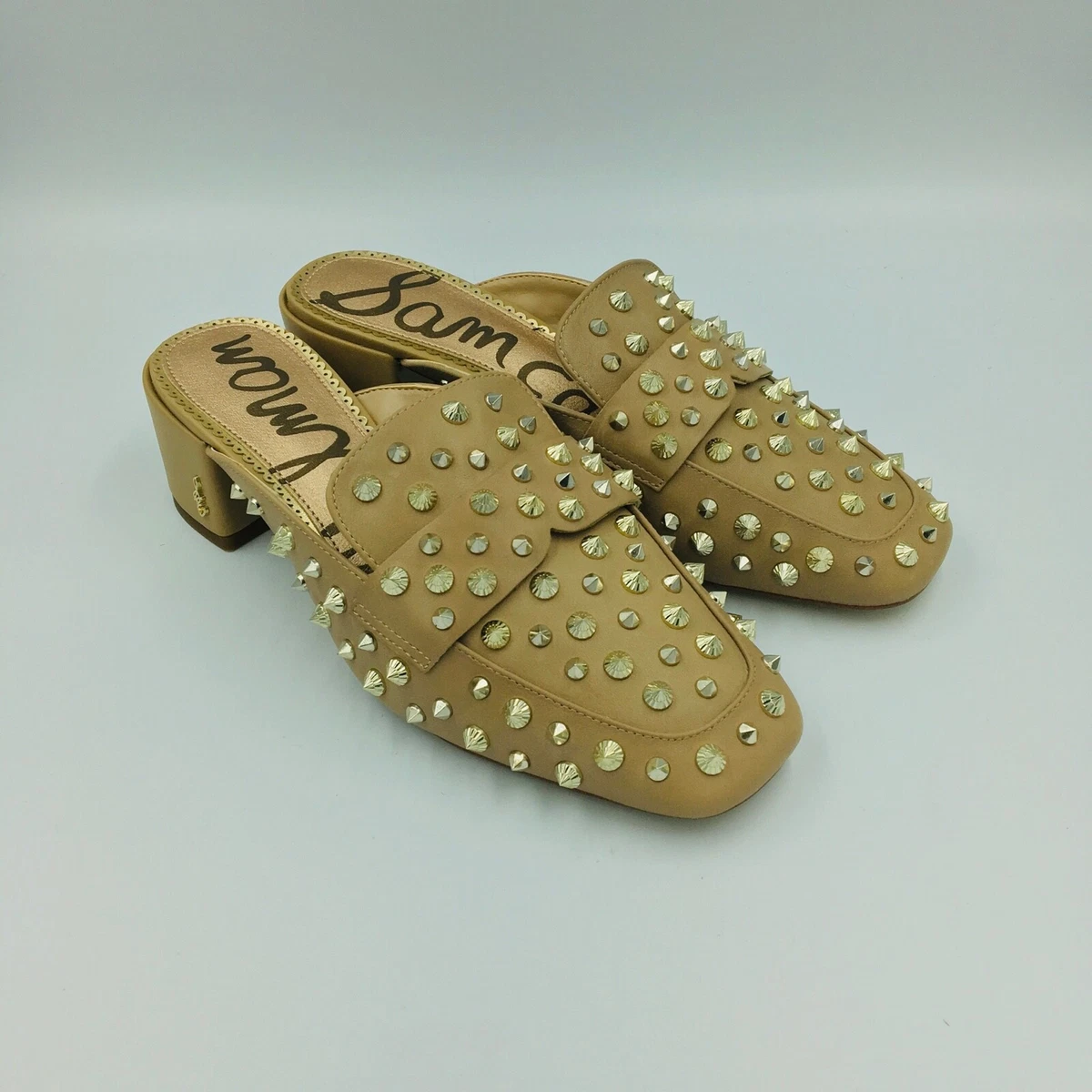Sam Edelman Women s Agustus Gold Studded Leather Mule Tan Beige 7M