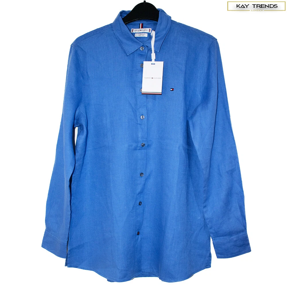 Tommy Hilfiger Women's Casual Pure Linen Shirt-Iris Blue Size UK8/US4
