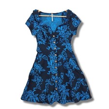 Free People Sz 2 "A Thing Called Love" Retro Floral A-Line Dress Blue Linen
