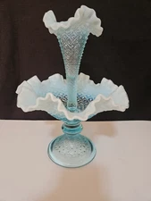 Gorgeous Fenton Sea Blue Opalescent Diamond Lace Single Horn Epergne
