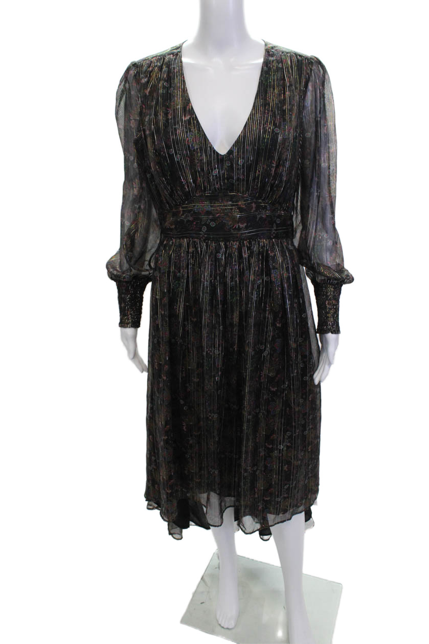 Allison Womens Fit & Flare Black Floral V-Neck Long Sleeve Dress Size SFree Shipping in US $100+ Orders | $6.95 Orders Below