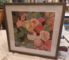 Framed Artwork Floral Design 20x20 Foil Effect Under Glass 1.5" Wide Wood Frame