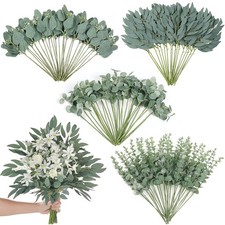 120 Pcs 4 Kinds Mixed Artificial Eucalyptus Leaves Stems Bulk Fake Silver Dol...