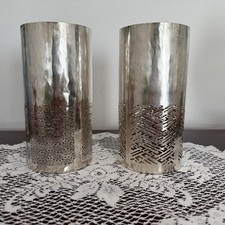 Pair of Handcrafted Etched Metal 8" Tall Vases Made in Vietnam Boho Decor
