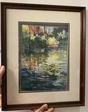 VTG Tom Lynch Monet’s Lillies Framed 22” x 18” Double Matted Signed Front & Back