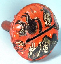 1950s Halloween Tin Rattle Noisemaker Wood Handle U.S. Metal Toy Witch Black Cat