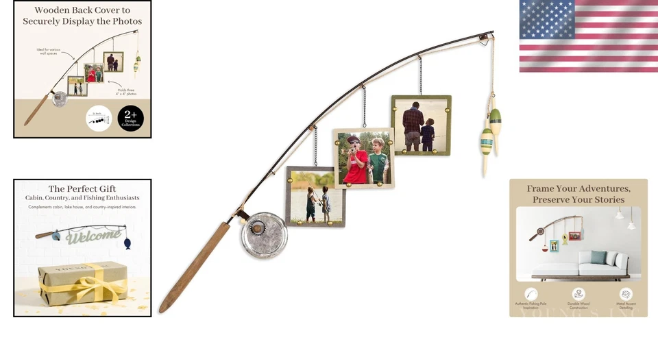 Handcrafted Rustic Fishing Pole Picture Frame with 3 Multi-Color Photo Displays - Image 2 of 4