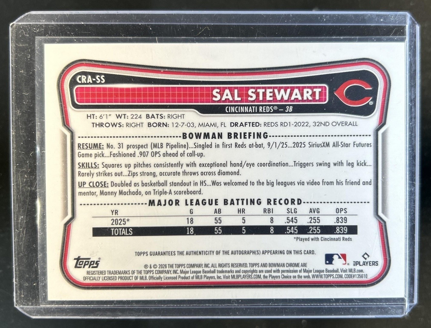 2026 Bowman Sal Stewart Chrome Auto Autograph RC Gold Refractor #/50 Reds Rookie view 2