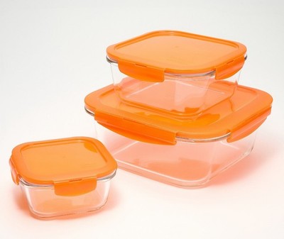 3 LocknLock Nestable Baking Glass Food Container Set with Lids K310357 TANGERINE