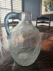 Blenko Crystal Crackle Glass Jug WIth Blue Handle 8" Tall