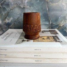 Vintage Dark Wood Decorative Vase Hand Carved Flowers 4"