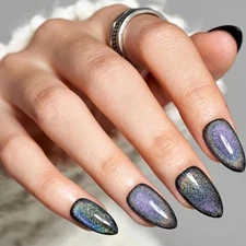 evpct Black Cat Eye Press on Nails Short Almond, Iridescent Colorful Metallic...