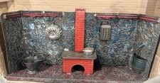 Antique German Toy Tin Kitchen Doll House Diorama W/ Accessory Items