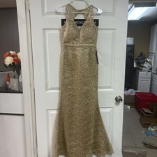 Prom Girl Gold Sparkle Sequin Prom Dress has Extra Button, Some Fraying 