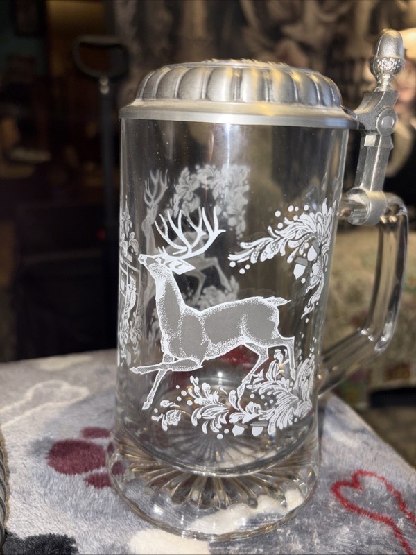 Vintage Made Germany Etched Glass Deer Stag Pewter Lid Stein Mug 