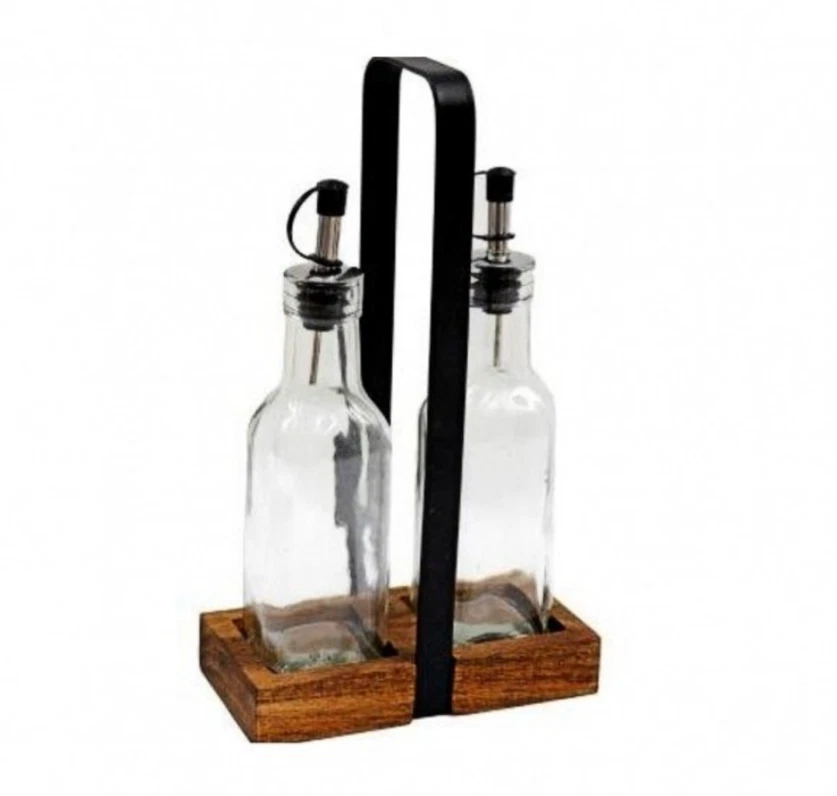 Oil & Vinegar Bottle Set Glass Dispenser Salad Drizzler In Bamboo Base 20x9x24cm