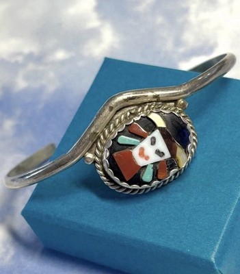 RARE Zuni Tra Etsate Sterling Silver Turquoise Coral Kachina Cuff Bracelet $600