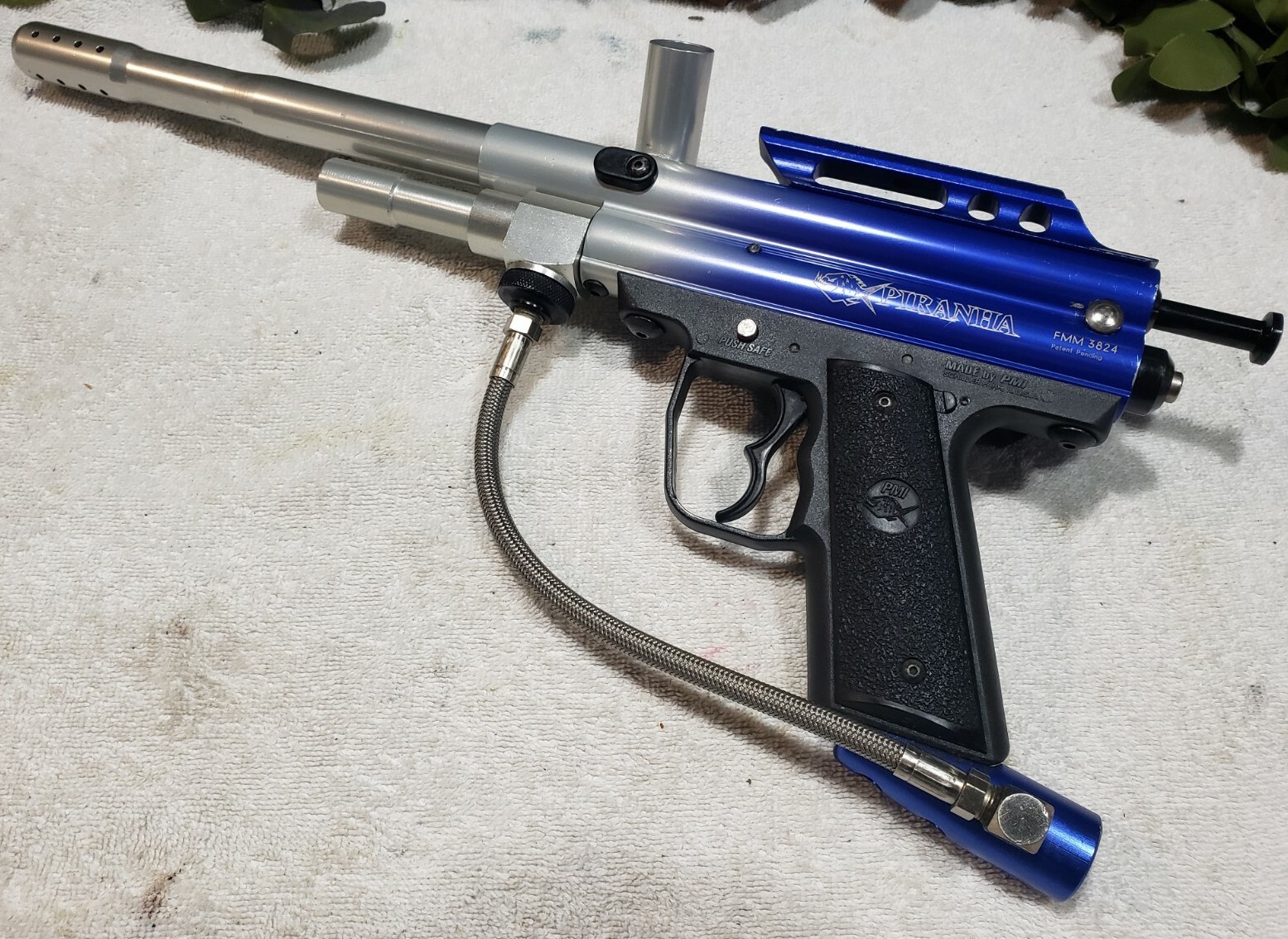 SHARP PMI Piranha BLUE SILVER Fade Paintball Gun & Spyder Barrel ALL