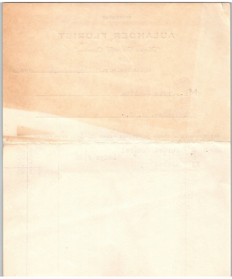 Vintage 1951 Aulander Florist Invoice Bill Flowers For All Occasions