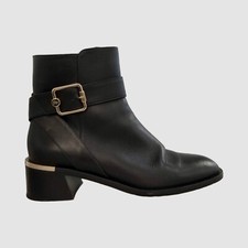  1095 Jimmy Choo Women Black Clarice Buckle-Strap Leather Ankle Boots Size 37.5