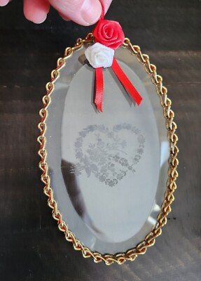 OVAL GLASS ETCHED HEART DESIGN WITH GOLD COLOR TRIM & RIBBON ORNAMENT VALENTINE 