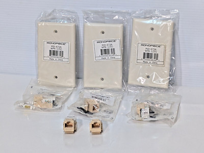 Lot of 8: Asstd Monoprice WPK-1 Ivory Wall Plates, (K)5E-TL Beige Jacks, Ports