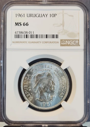 1961 URUGUAY SILVER 10 PESOS S10P REVOLUTION ANNIVERSARY NGC MS 66 RARE TOP POP