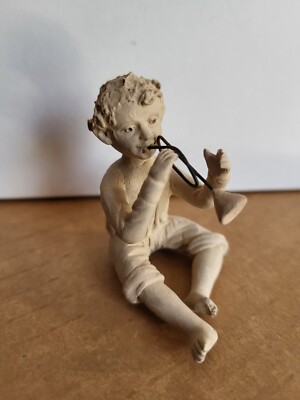 Art Deco Angelic Boy Playing Horn.  Hand Scupted 1 of A Kind. Damage Finger Tip