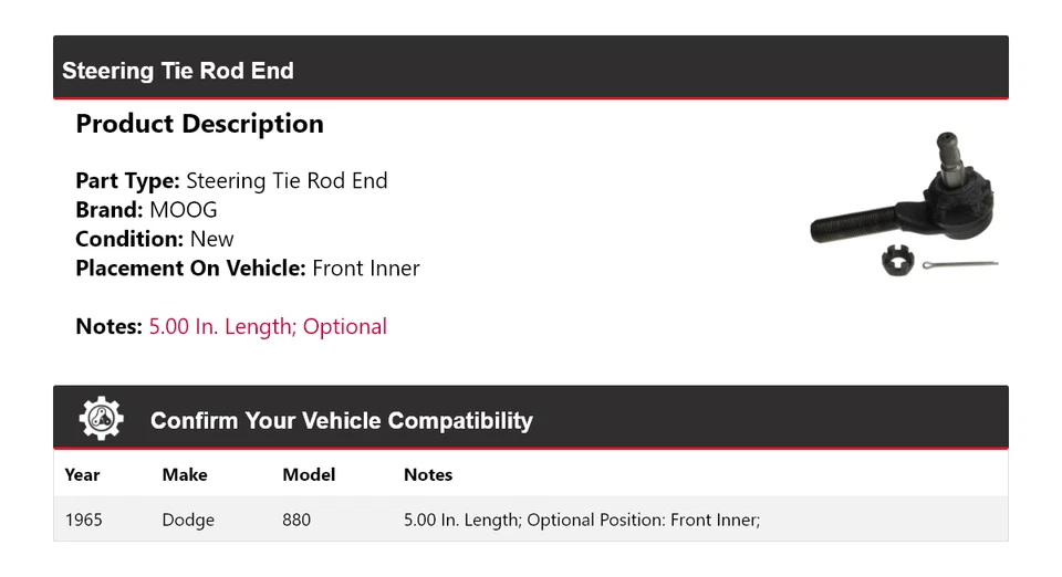 For 1965 Dodge 880 Steering Tie Rod End Front Inner MOOG - Image 2 of 4