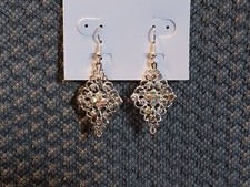 Dangle Earrings Diamond Shape Silver Tone With Rhinestones