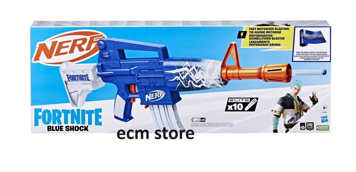 NERF Pistolet Fortnite Blue Shock avec 10 fléchettes Elite pour enfant