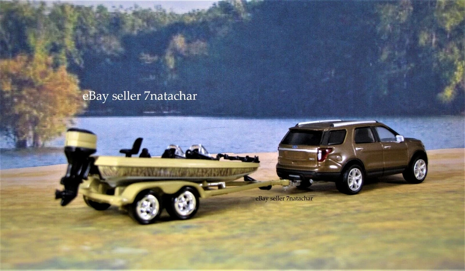 Remolque Ford Explorer Bass Pro 2011-2019 barco de pesca camión modelo escala 1/64 Foto 4 de 4